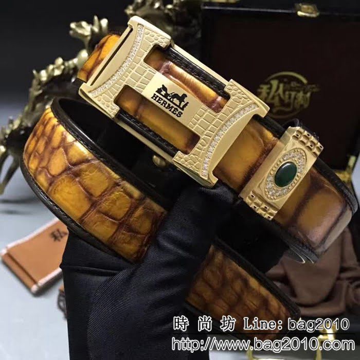 愛馬仕HERMES 純手工美洲鱷魚無拼接肚皮 自動高端男士皮帶 HHG1077